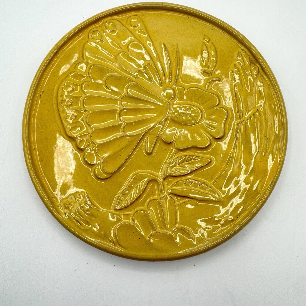 FRANKOMA Art Pottery BUTTERFLY Trivet Ceramic yellow Round Footed Hot Plate